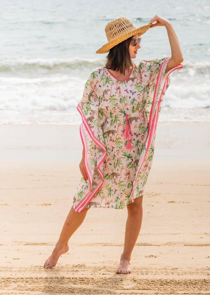 Pink Lazy Leopard Short Cotton Kaftan