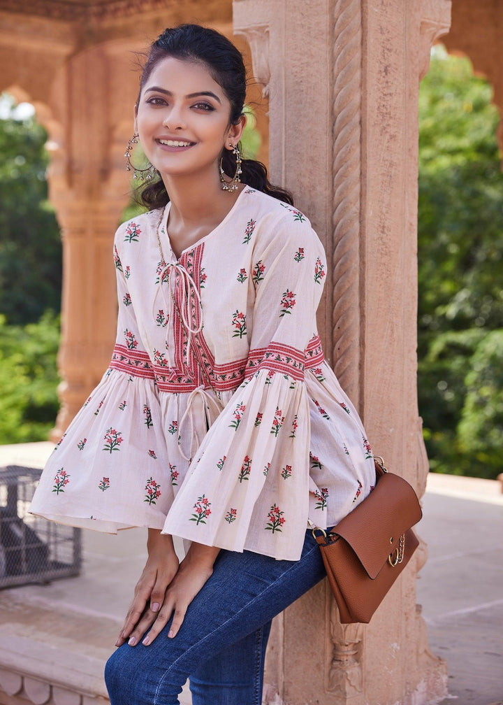 Rangrez Cream Color Hip Length Regular Fit Taarisha Top