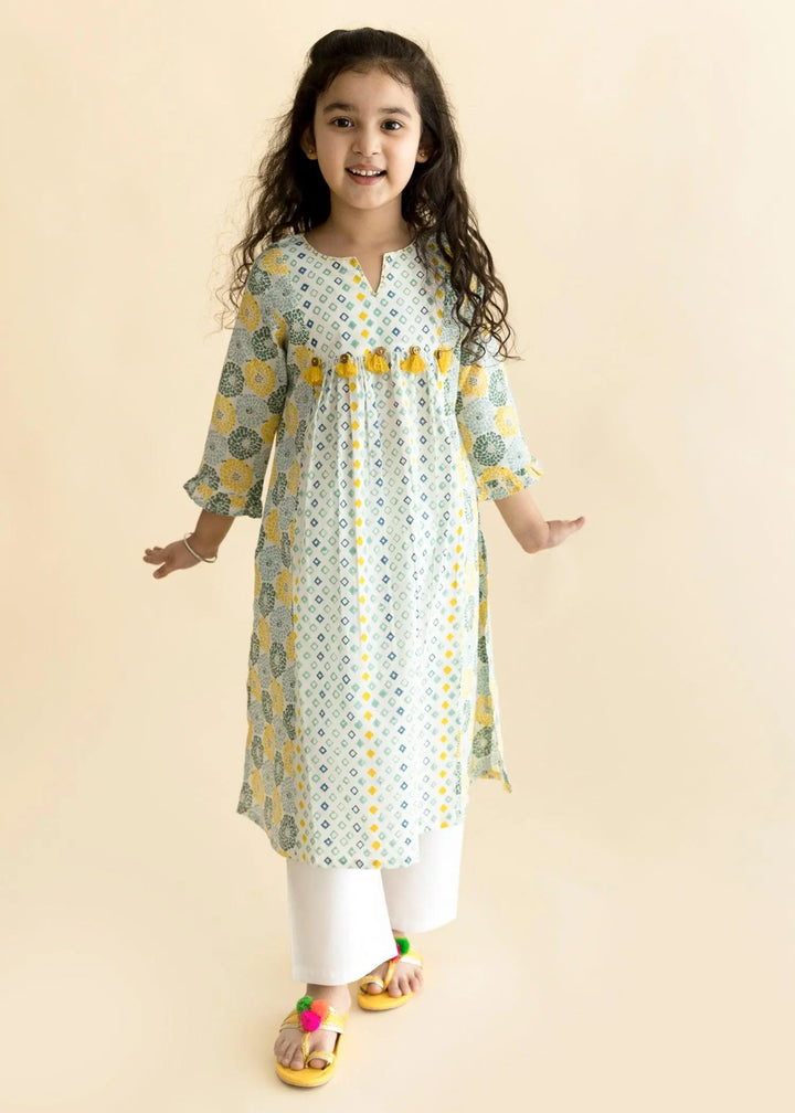 Diamond/Floral Blue Cotton Vanya Kurta Girls (2-14 Yrs)