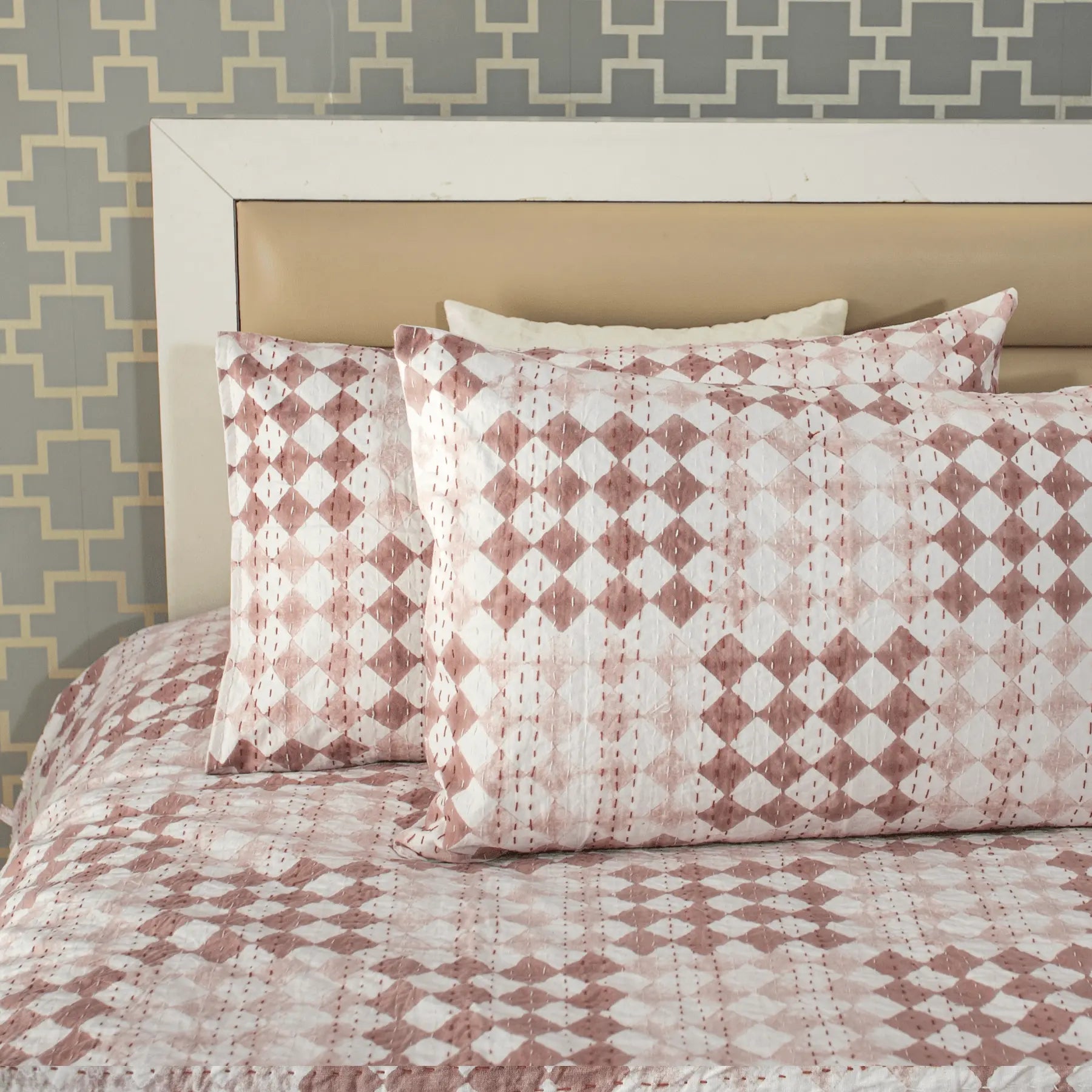 Pink Color Hand Block Printed Katha Bedcover with 2 Pillow Covers