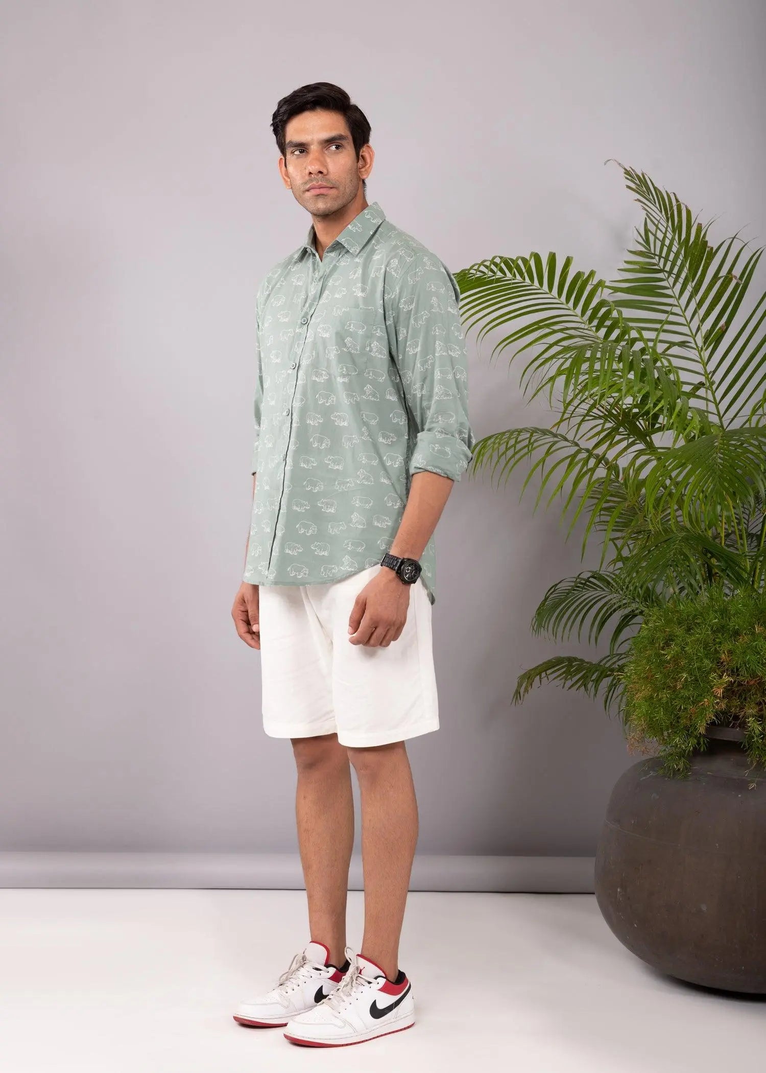 Green/Cream Regular Cotton Full Sleeves Shirt