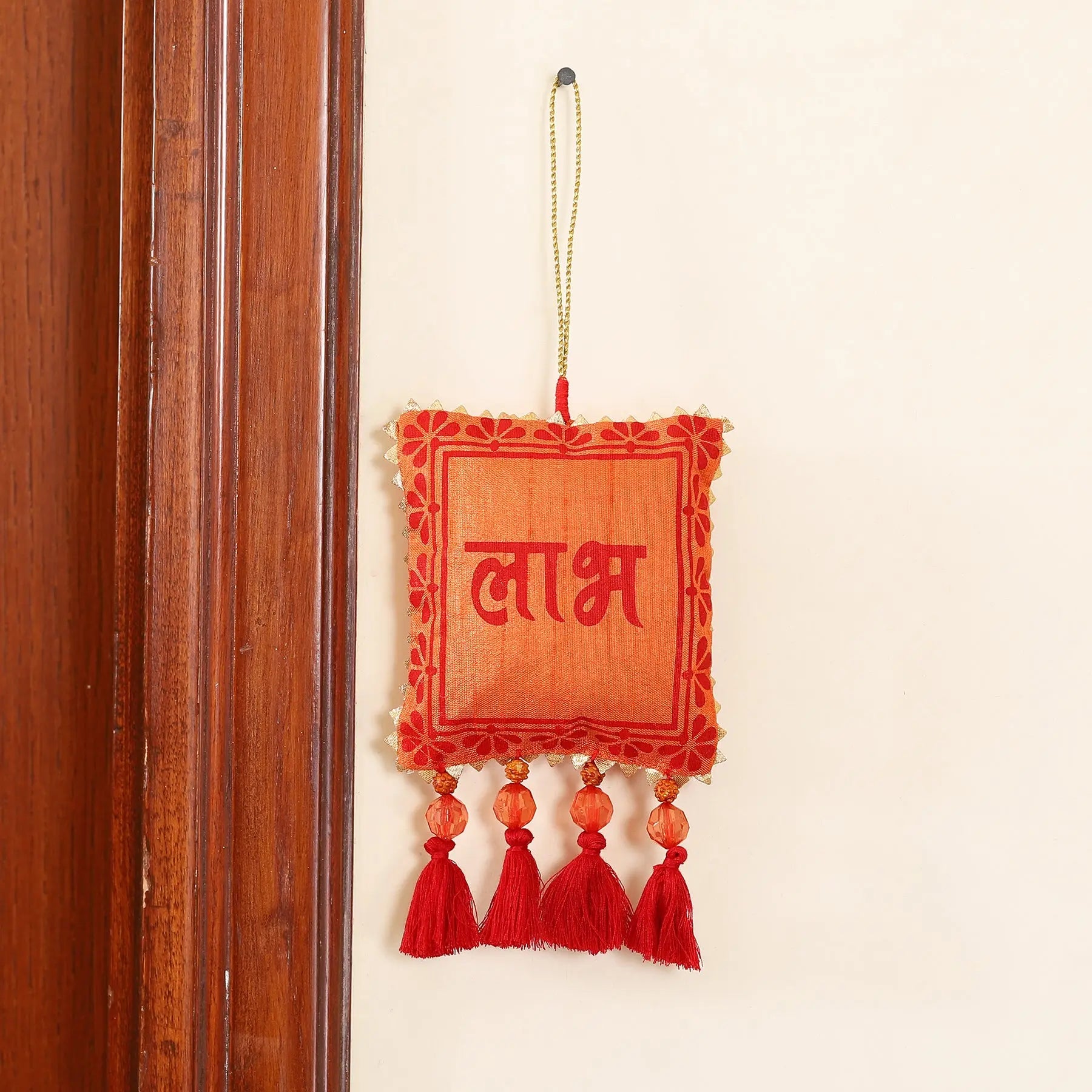Orange and Red Dupion Silk Fabric Subh and Labh in Flowers