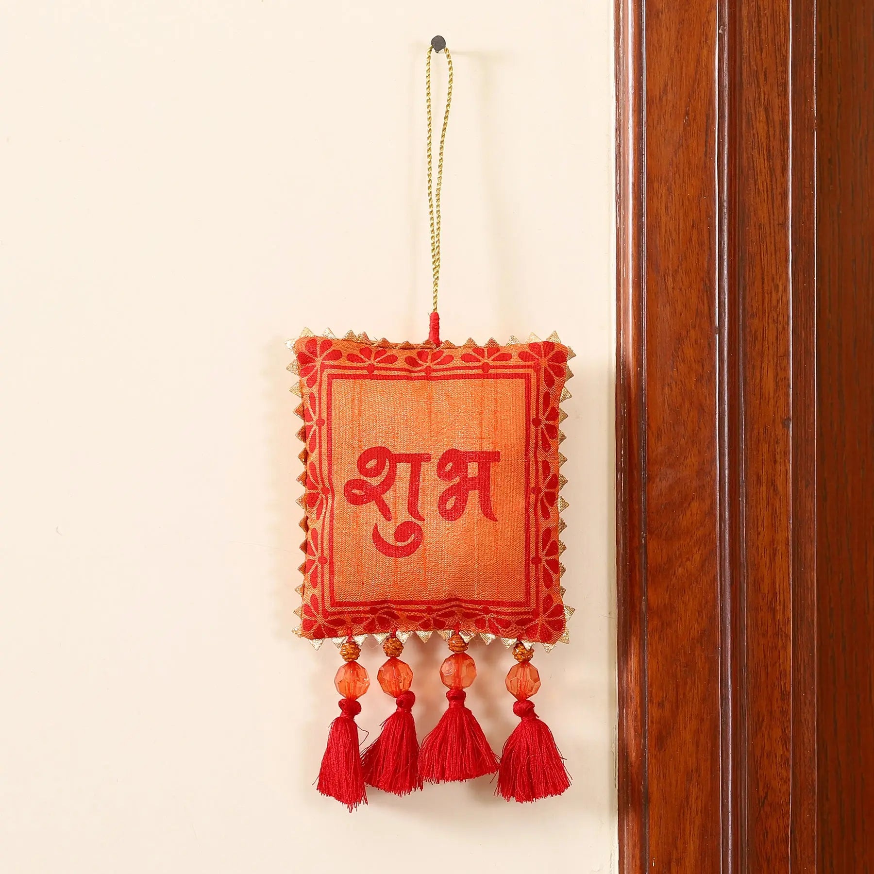 Orange and Red Dupion Silk Fabric Subh and Labh in Flowers