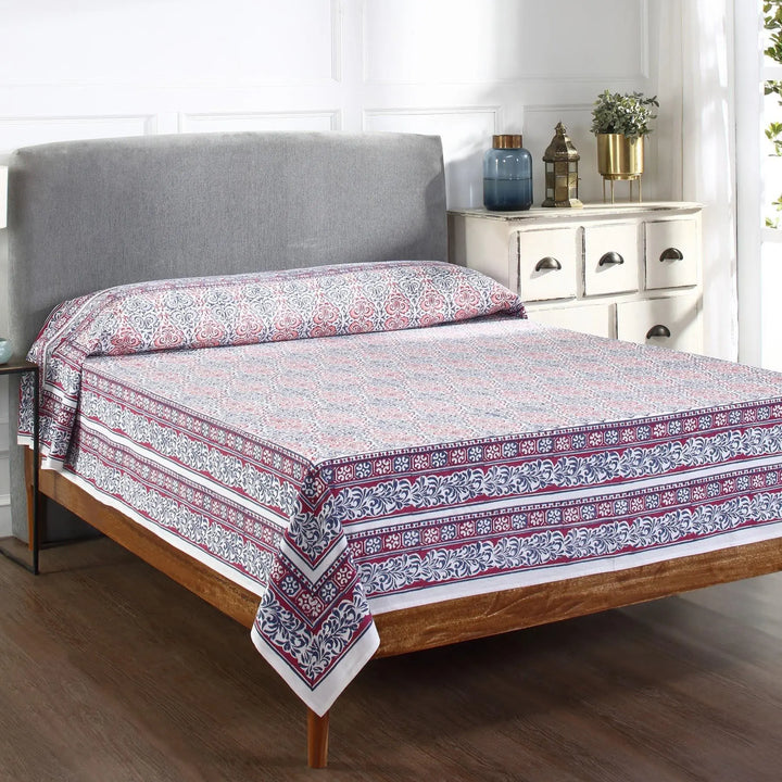 Elegance Pink and Blue Hand Block Print Cotton Bed Cover