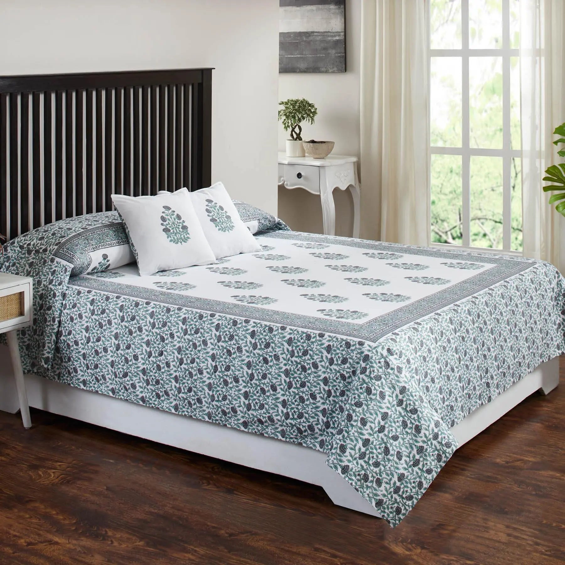 Gulmarg Sea Green & Grey Hand Block Printed Cotton Bedcover