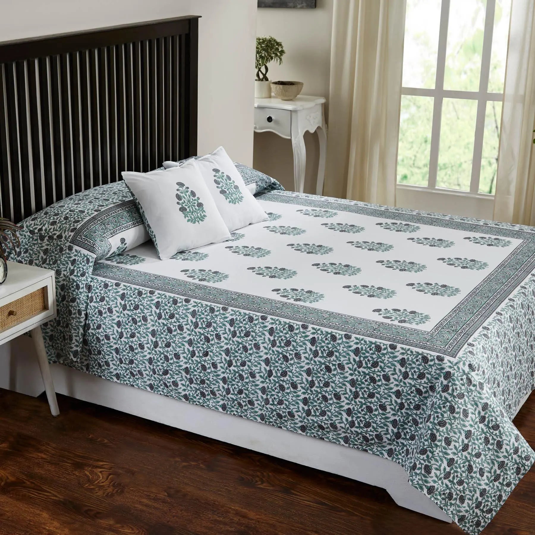 Gulmarg Sea Green & Grey Hand Block Printed Cotton Bedcover