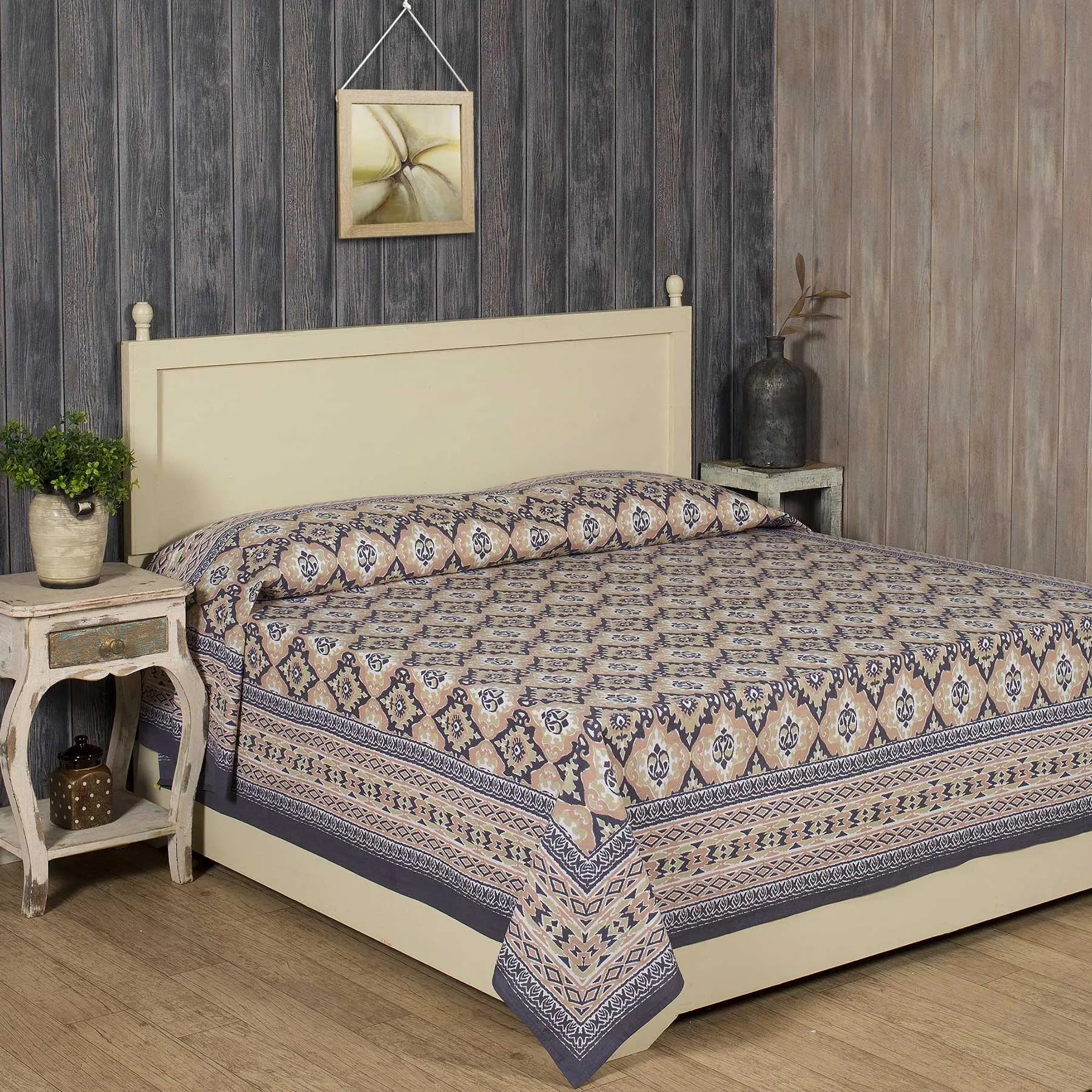 Indo Ikat Beige Screen Printed Cotton Bed Cover