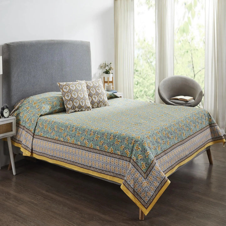 Japanese Flower Hand Screen Print Cotton Bedcover