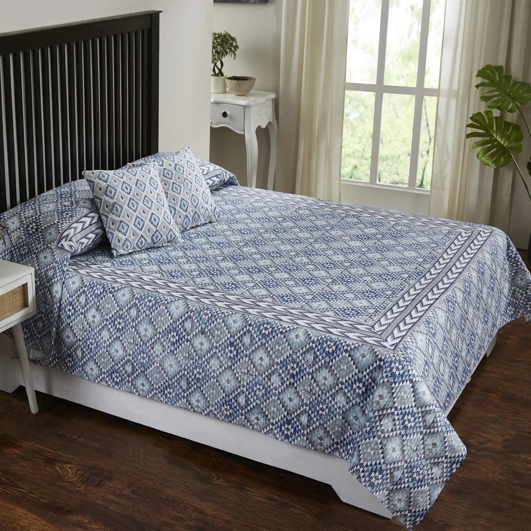 Pochampally Ikat Grey & Blue Color Hand Block Print Cotton Bedcover