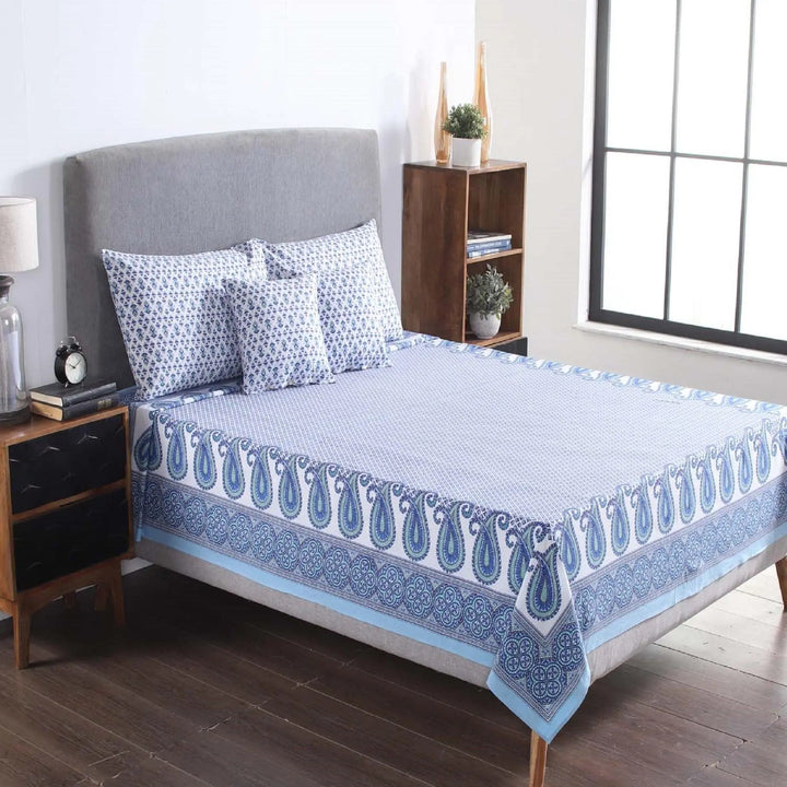 Paisley Blue Screen Print Cotton Bed Cover