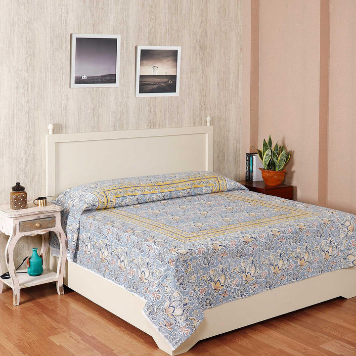 Vatika Flower Blue Hand Block Printed Cotton Bed Cover