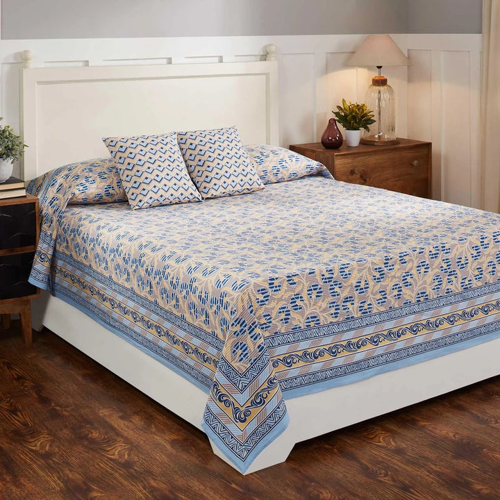 Rimansh Stripes Blue/Brown Bed Cover With Two Cushion Cover