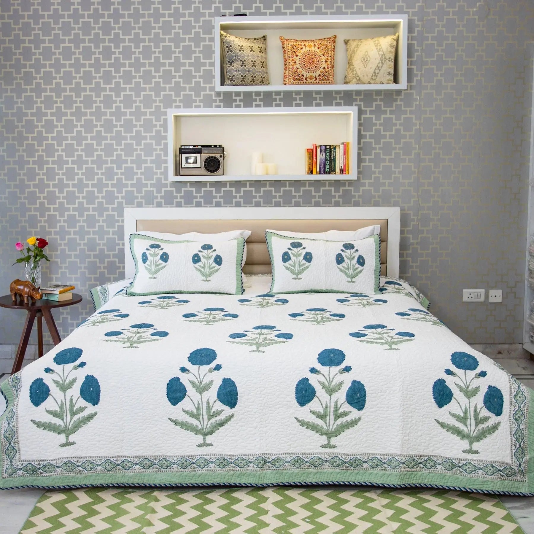 Green & Teal Color Hand Block Printed Cotton Quilted Bedcover with 2 Pillow Covers