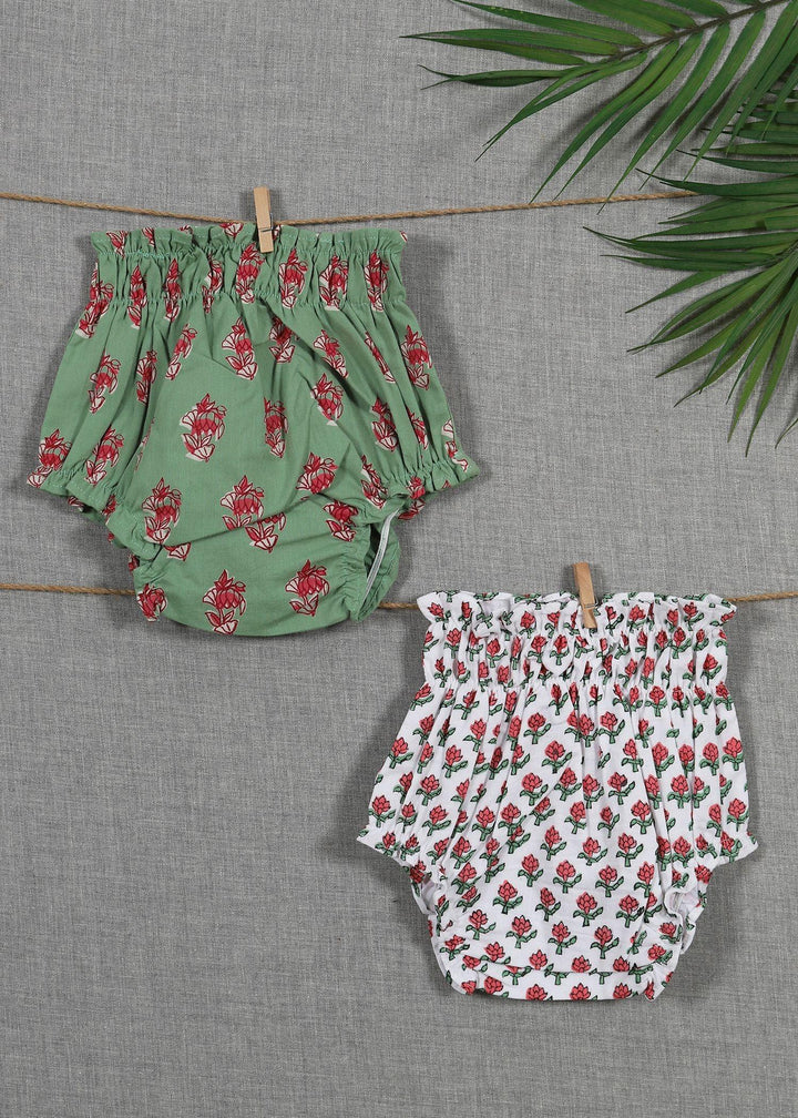 Petunia Buti White/Green Cotton Bloomer set of 2 Baby Unisex (0-18months)