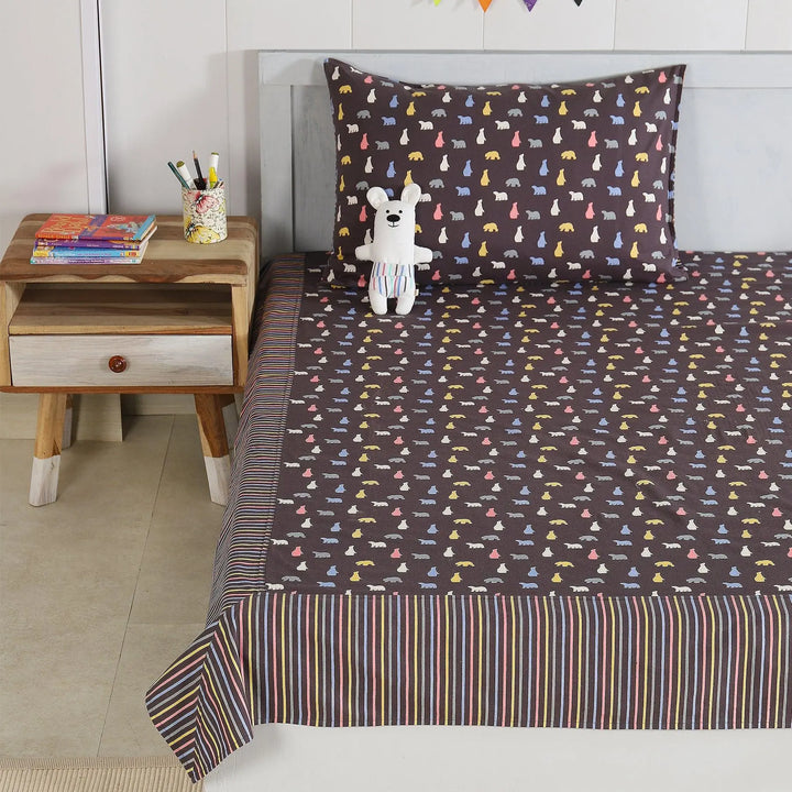 Stripes Brown Cotton Single Bedsheet with Pillow Cover Kids