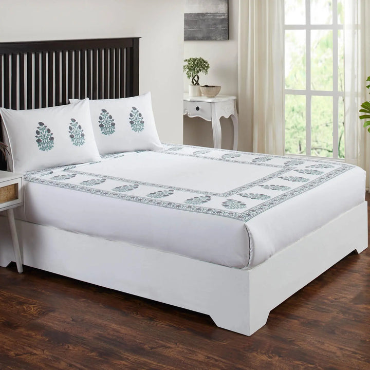 Gulmarg Buta Block Sea Green & Grey Cotton Bedsheet with Pillow Cover