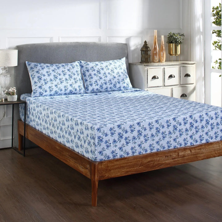 Gulistan Aqua and Blue Screen Print Cotton Bed Sheet with Two Pillow Cover