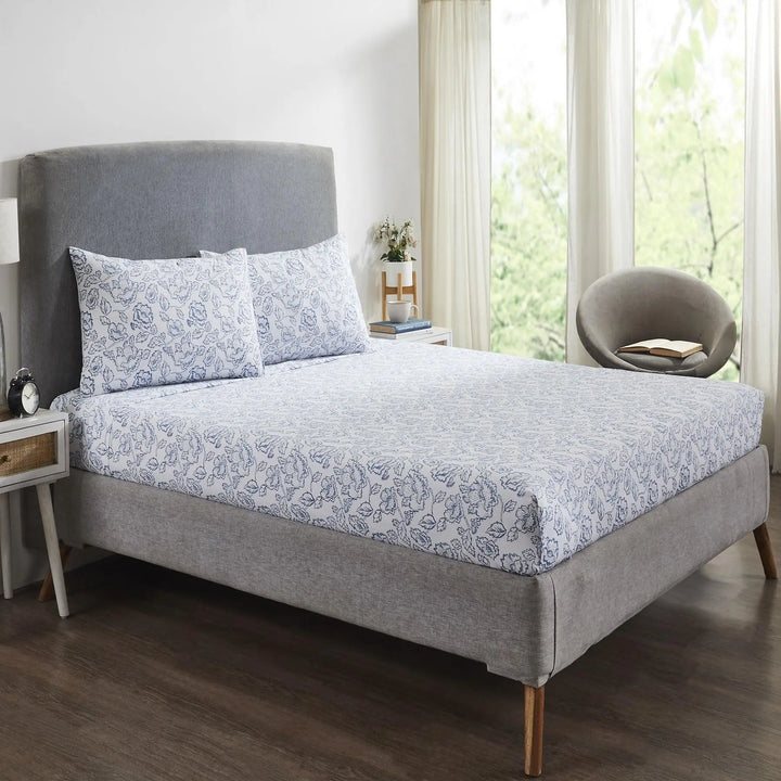 Tejas Peach & Blue Hand Block Print Cotton Bedsheet with Pillow Cover
