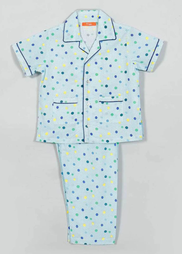 Chevron Dots Blue Cotton Half Sleeve Nightsuit Boy (0-12 Years)