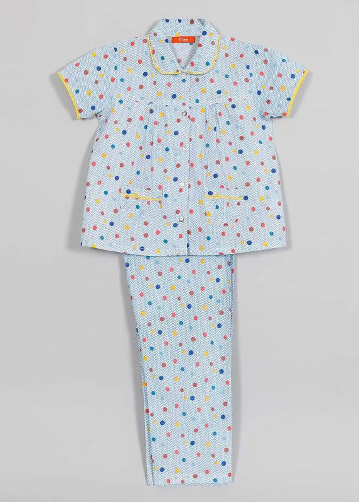 Chevron Dots Blue Half Sleeve Cotton Nightsuit Girl (0-12 Years)