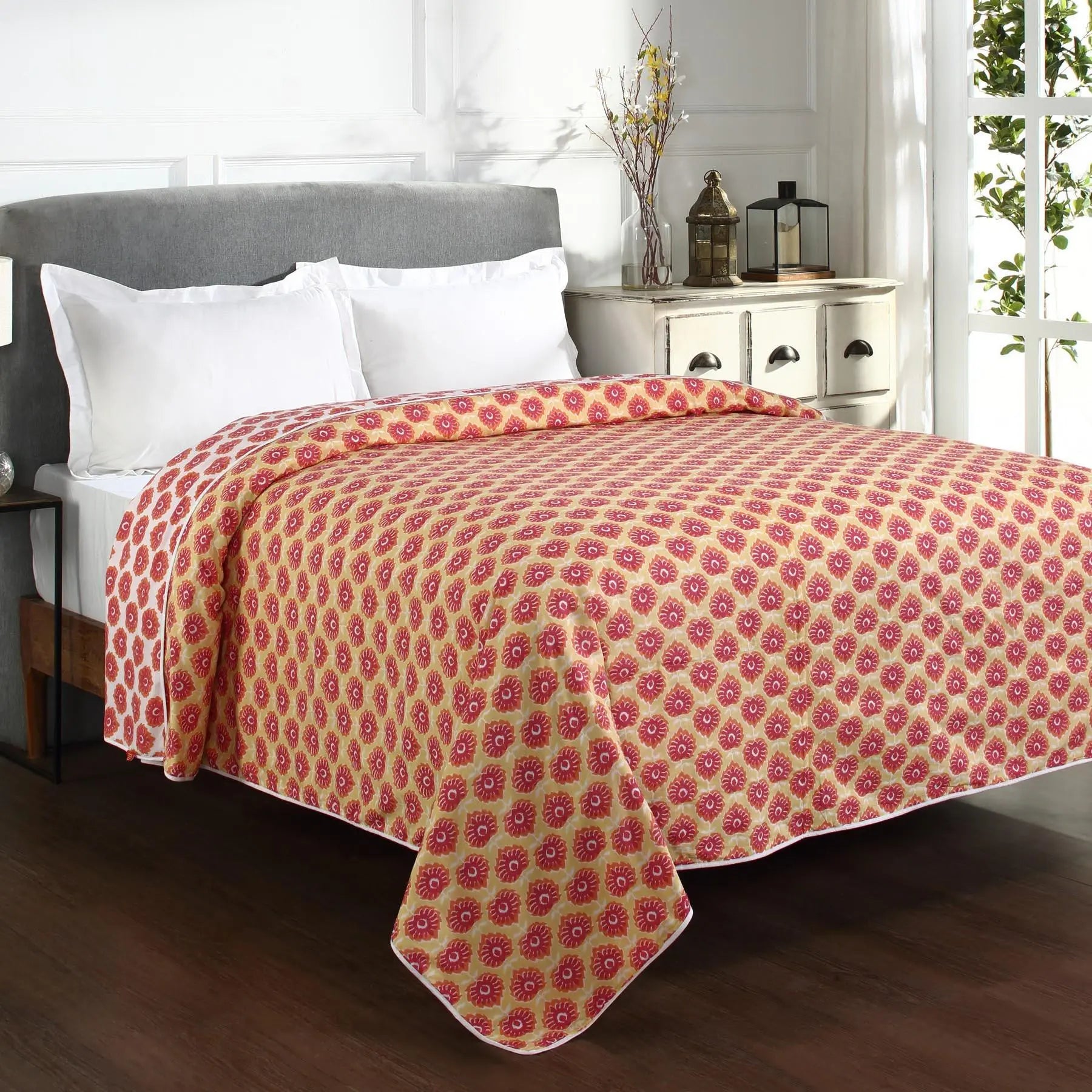 Indo Ikat Yellow and Pink Screen Print Cotton Dohar