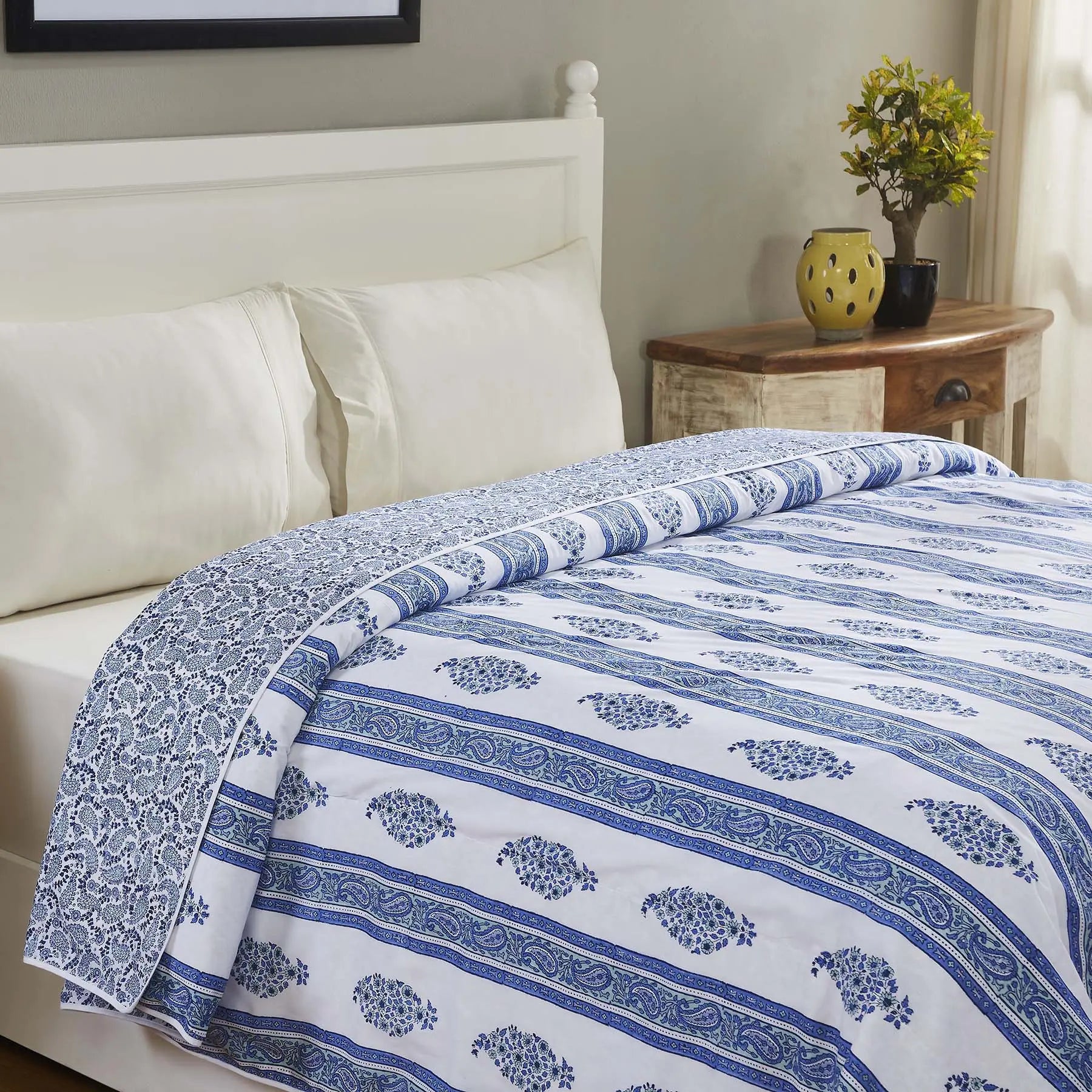 Pineapple Paisley Blue Hand Block Print Cotton Dohar