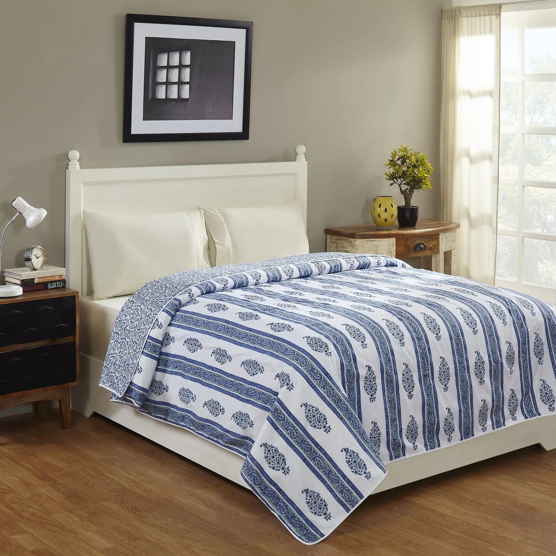 Pineapple Paisley Blue Hand Block Print Cotton Dohar