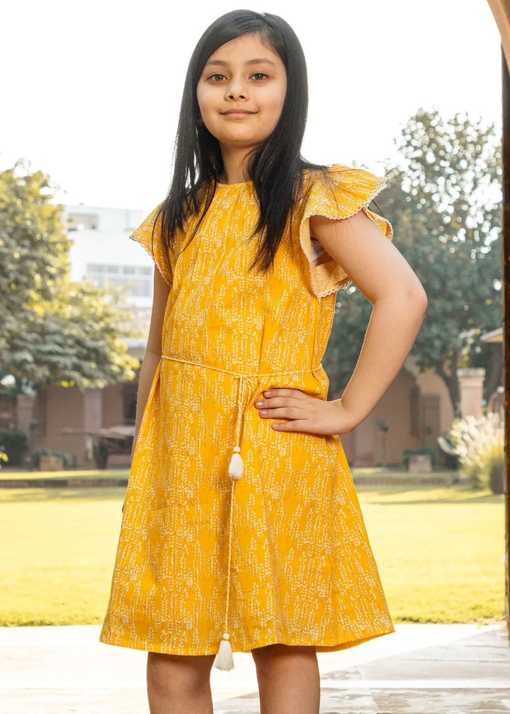Flower Leaves Yellow Cotton Dress Girl (2 to 9 Years)
