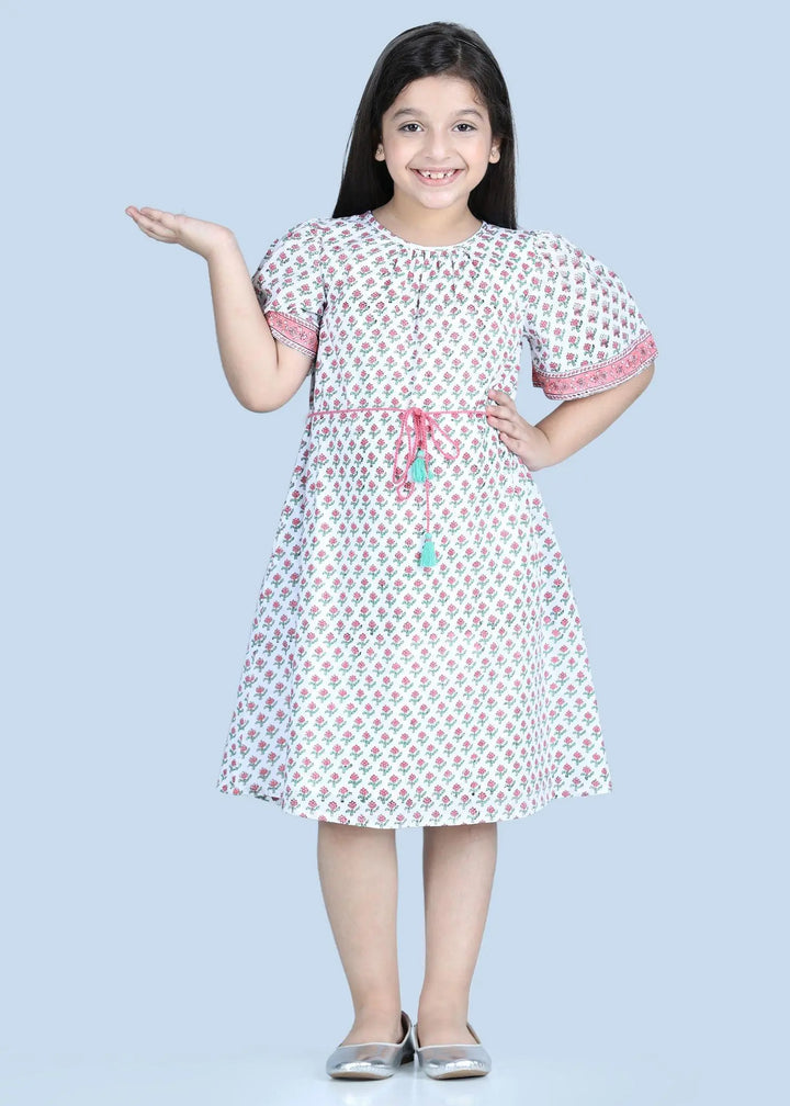Maitri Badam Buti White Cotton Dress Girl (2-9 Years)