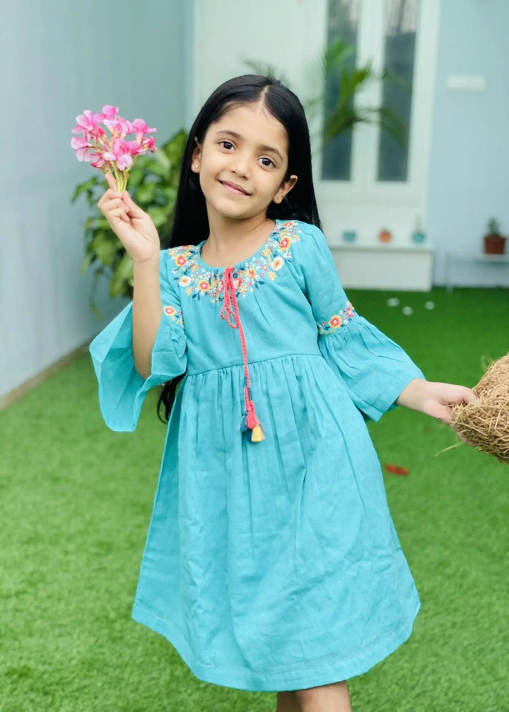 Sachi Teal Cotton Embroidered Dress (2-9 Years)