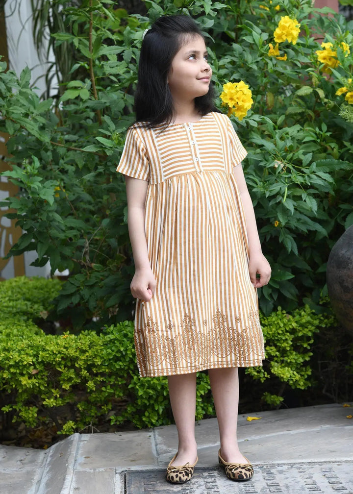Sharvi Yellow Stripes Viscose Dress Girl (2-9 Years)