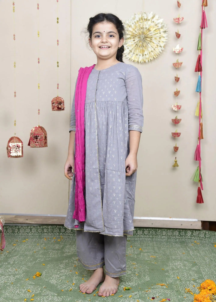 Gatha Grey Cotton Suit Set Girl (2-12 Years) (Set Of 3)