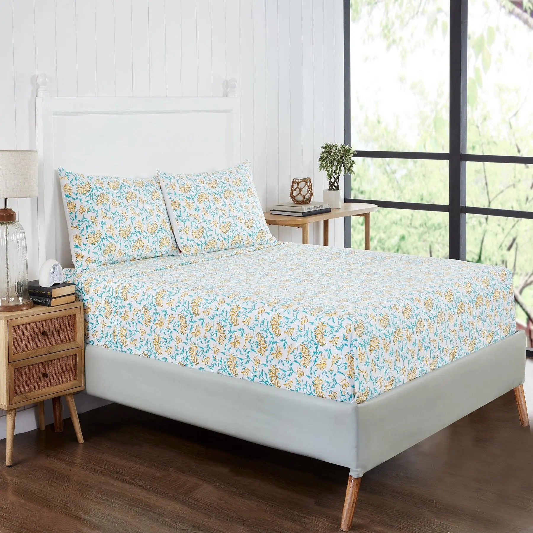 Umang Yellow & Green Hand Block Printed Cotton Bedsheet with Pillow Cover