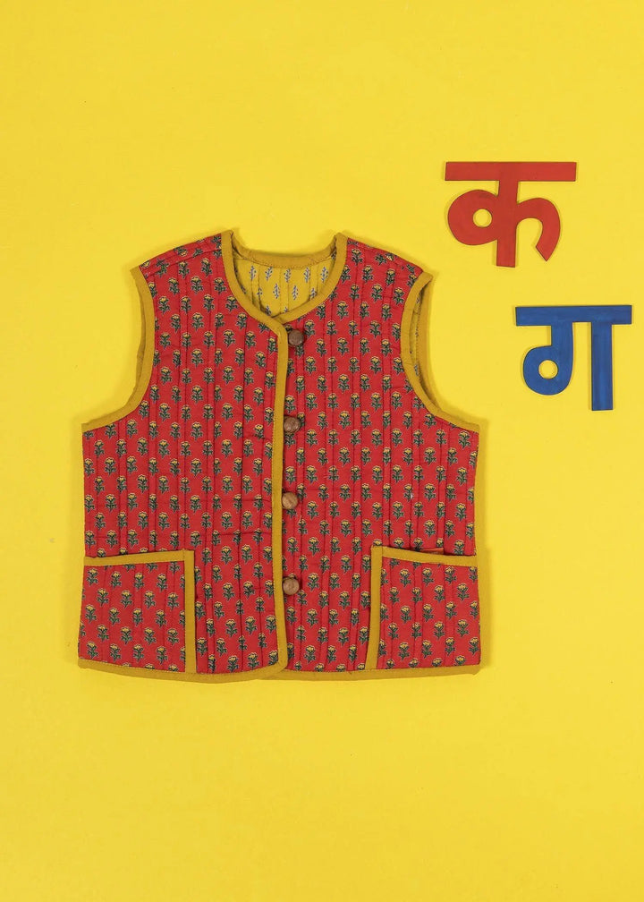 Red and Yellow Quilted 100% Cotton Reversible Bundi Unisex (1-3 Years)