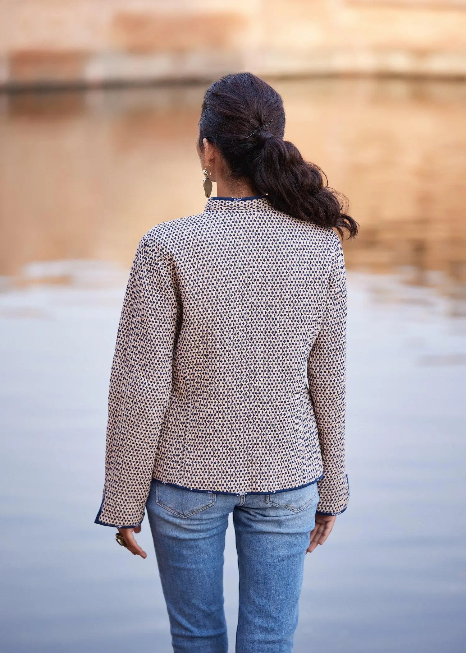 Navy And Beige Color Quilted Reversible Full Sleeves Jacket