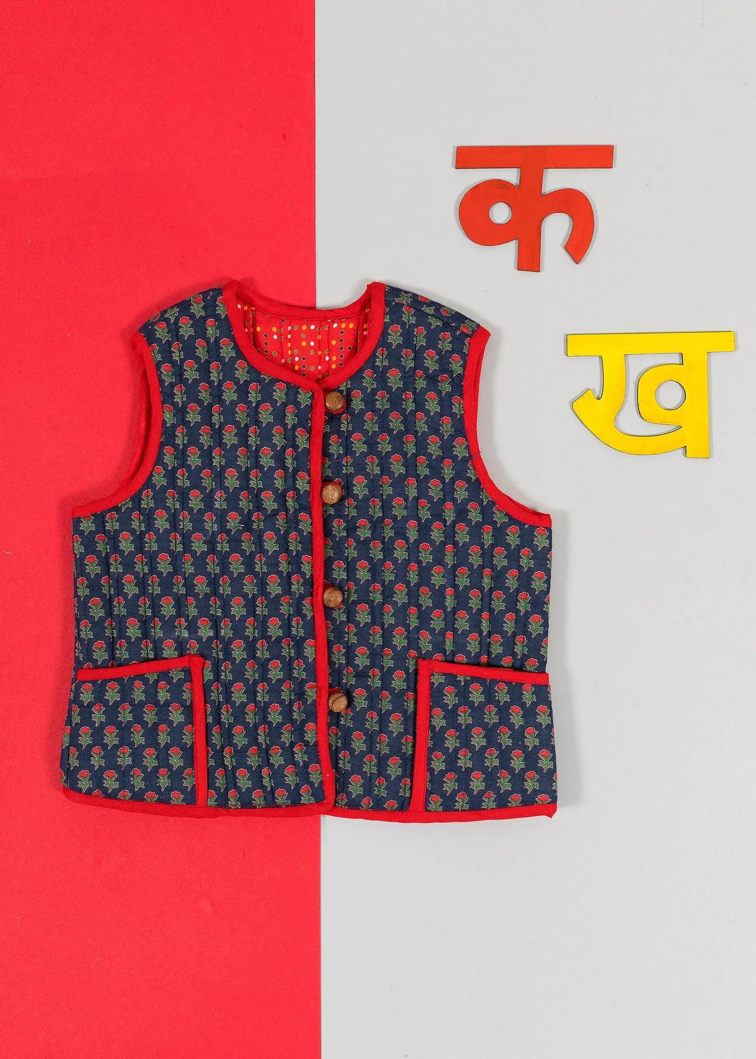 Kanak Ratan Blue & Red 100% Cotton Quilted Reversible Jacket Unisex (0-12 Years)