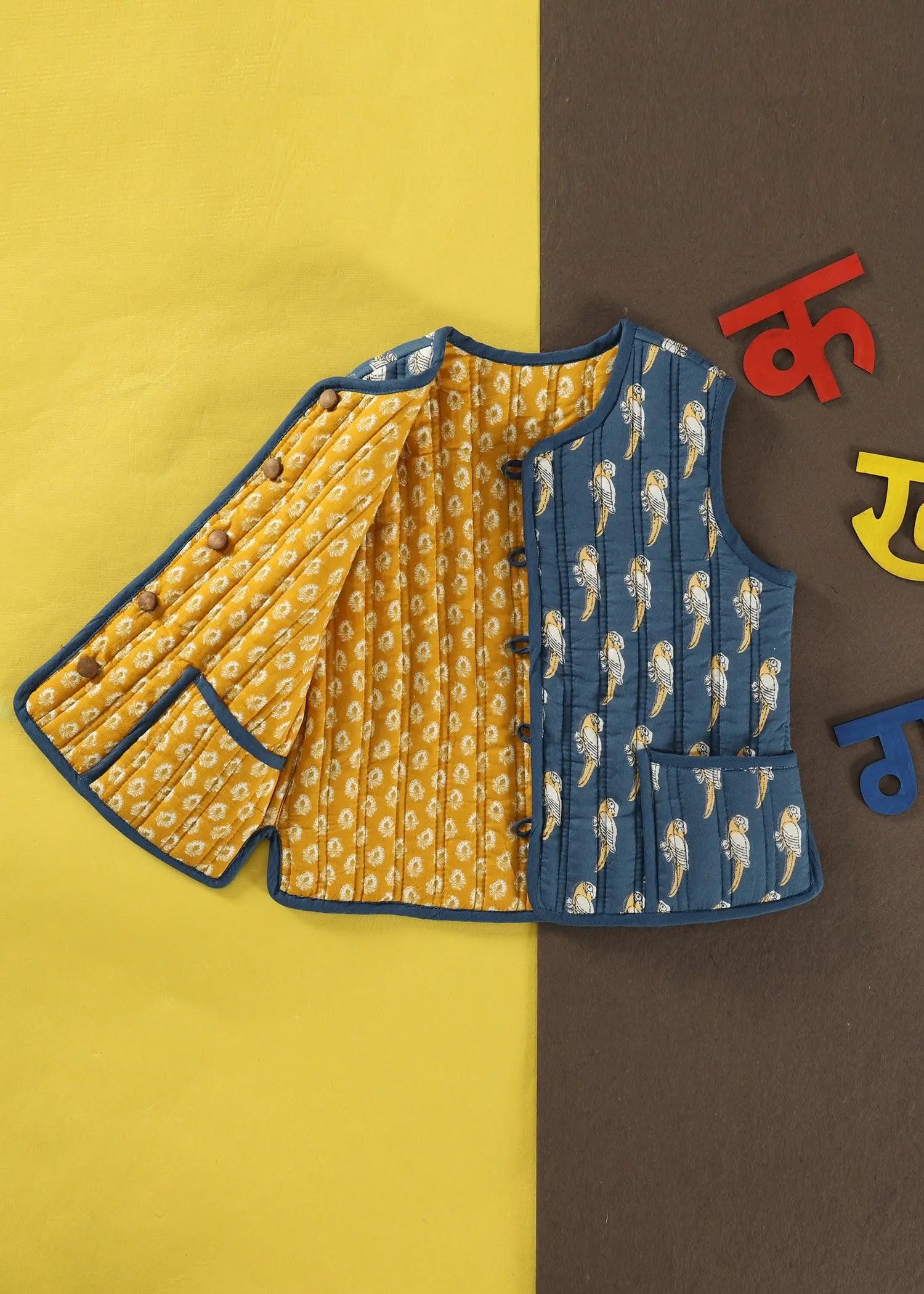 Tota/Helia Blue & Mustard 100% Cotton Reversible Bundi Jacket Unisex (0-12 Years)