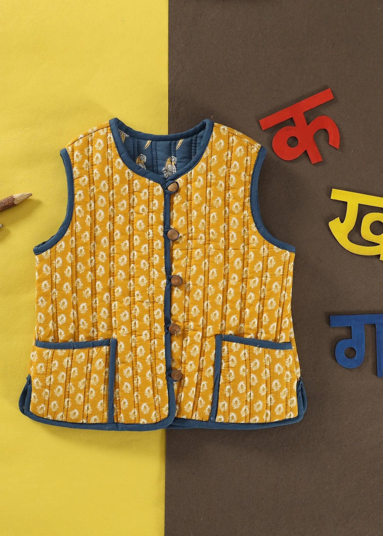 Tota/Helia Blue & Mustard 100% Cotton Reversible Bundi Jacket Unisex (0-12 Years)
