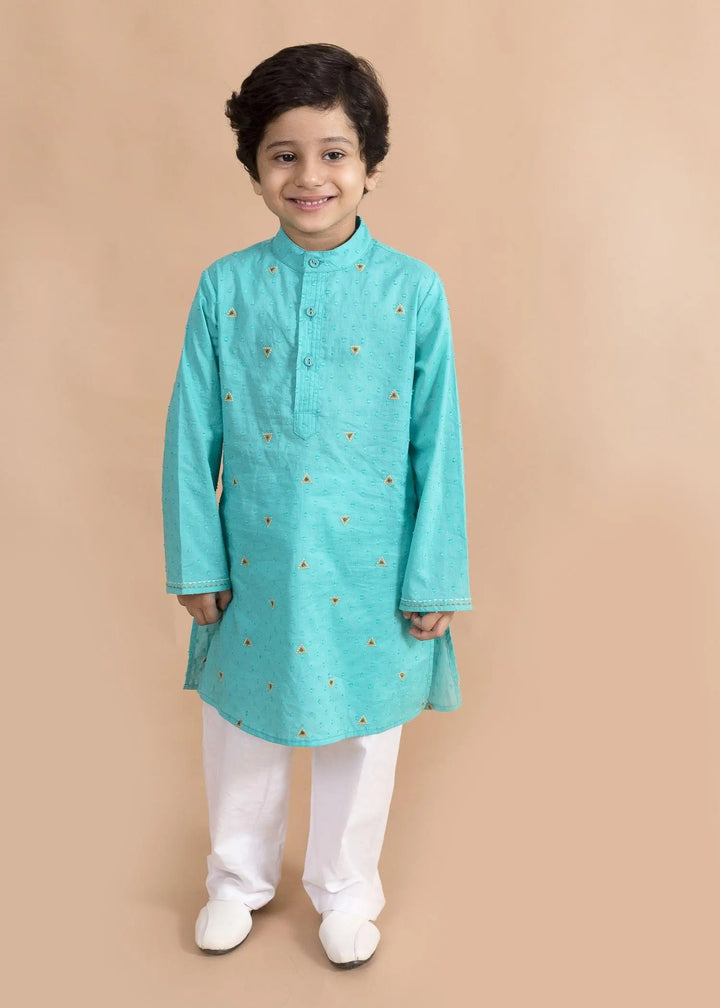 Embroidered Teal Cotton Kurta Boy (6 Month to 12 Years)
