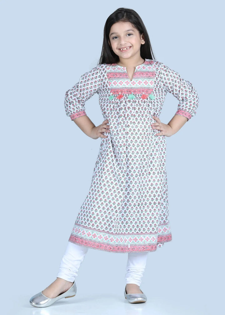Yukta Badam Buti White Cotton Kurta Girl (2-12 Years)