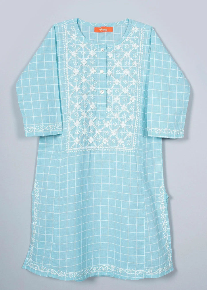 Lucknowi Blue Straight Cotton Long Kurta Girl (2-12 Years)