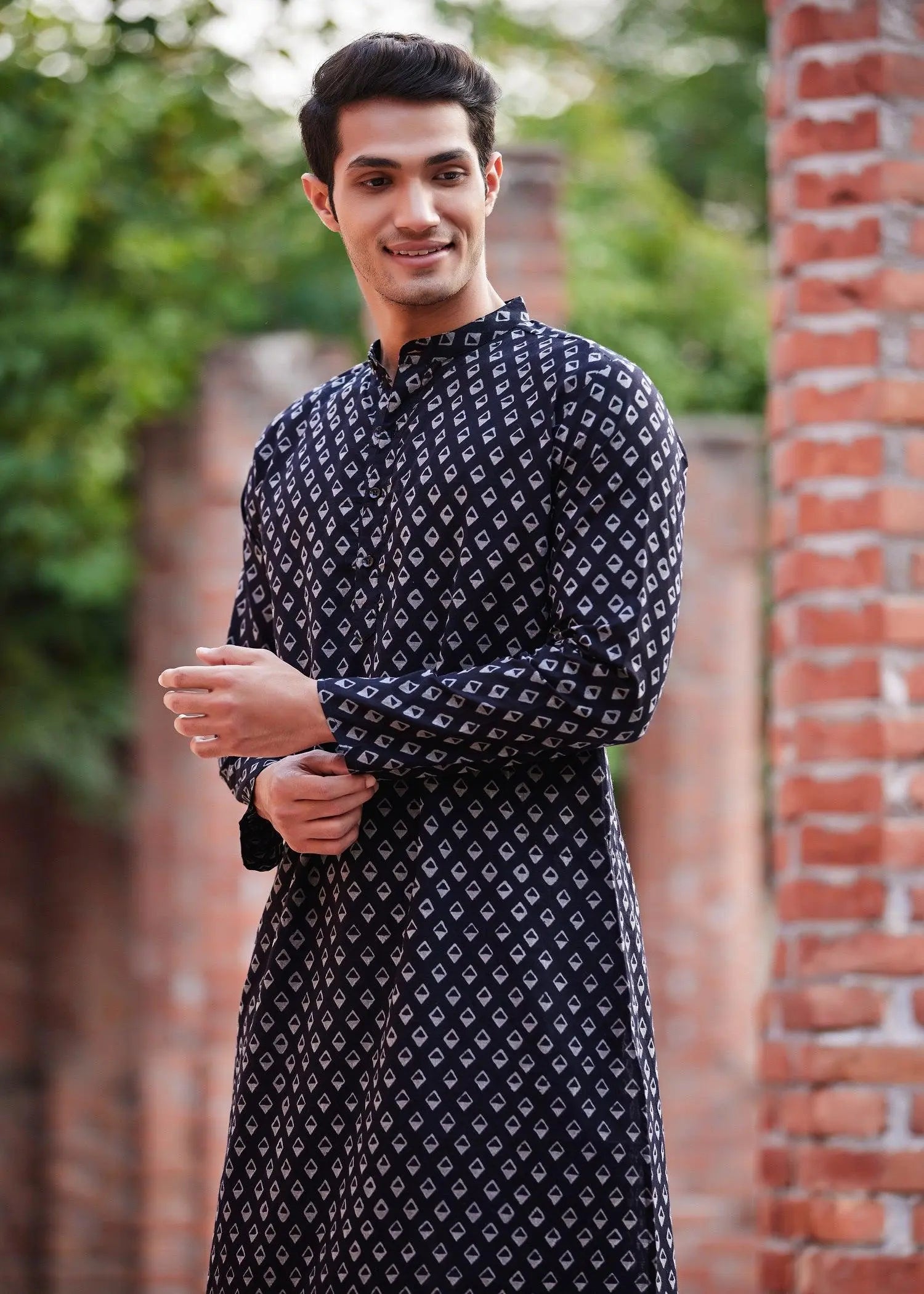Rhombus Black/Grey Cotton Full Sleeve Kurta