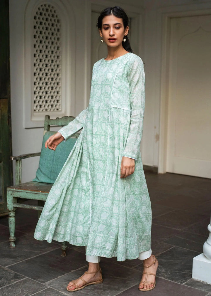Heer Side Gathered Brook Green Block Print Cotton Kurta