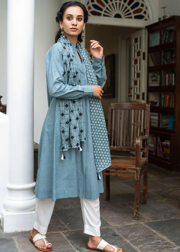 Iraani Line Flared Blue Cotton Kurta