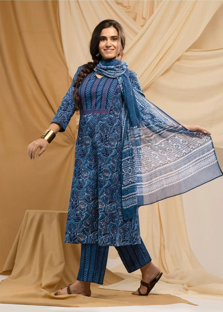 Sama Denim Blue Straight Fit Cotton Kurta