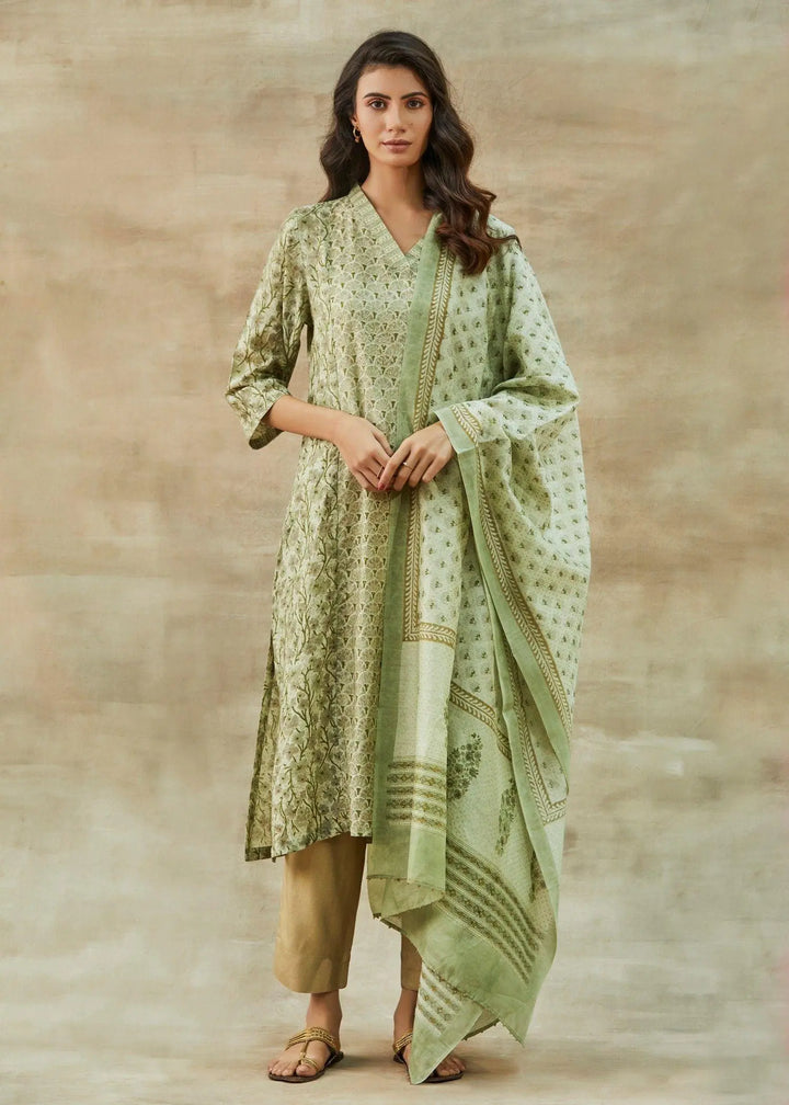Rachna V-Neck Pistachio Green Block Printed Straight Kurta