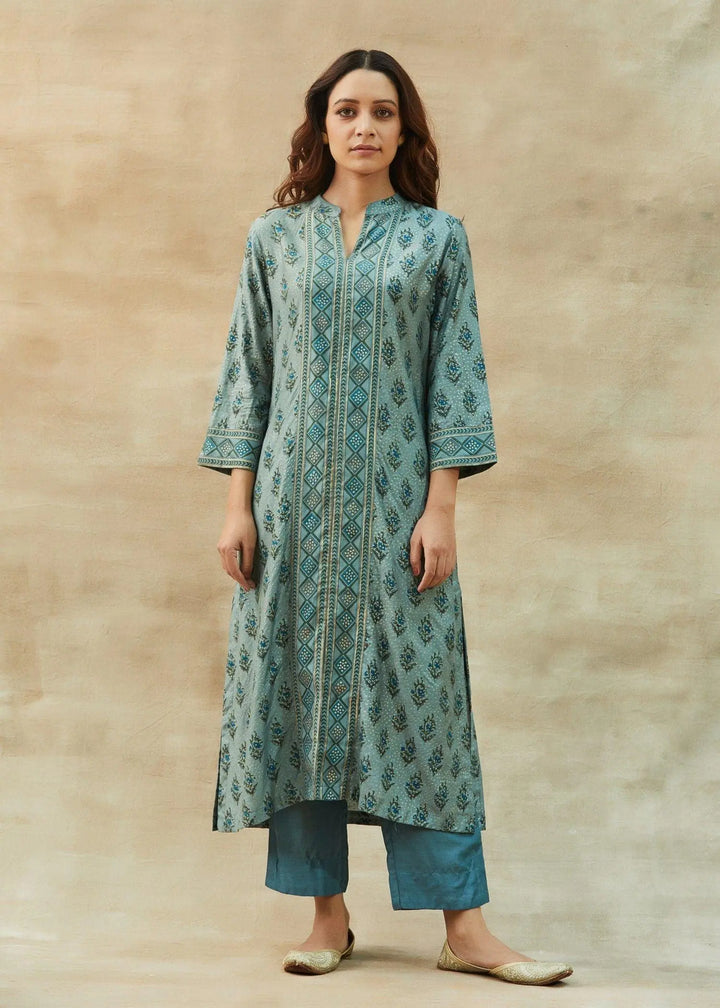 Mehak Mineral Blue Block Printed Straight Kurta