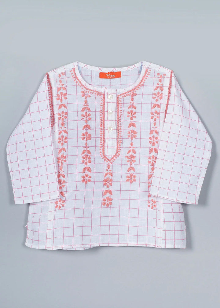 Lucknowi Pink Cotton Short Kurta Girl (2-12 Years)