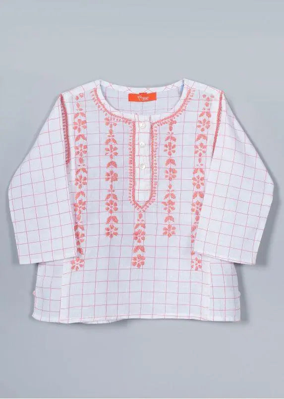Lucknowi Pink Cotton Short Kurta Girl (2-12 Years)