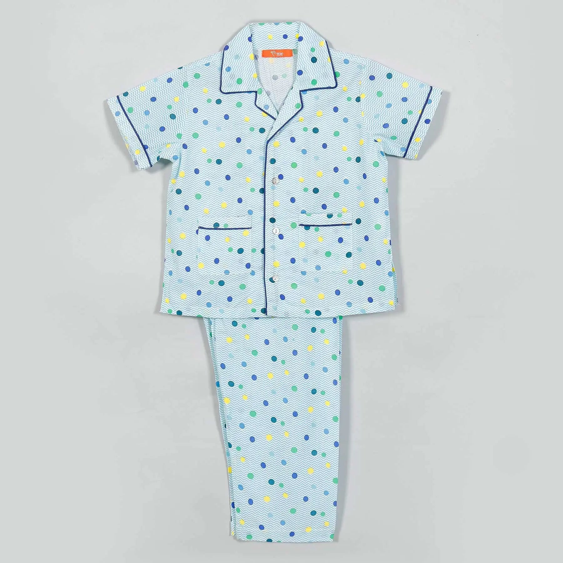 Chevron Dots Blue Cotton Half Sleeve Nightsuit Boy (0-12 Years)
